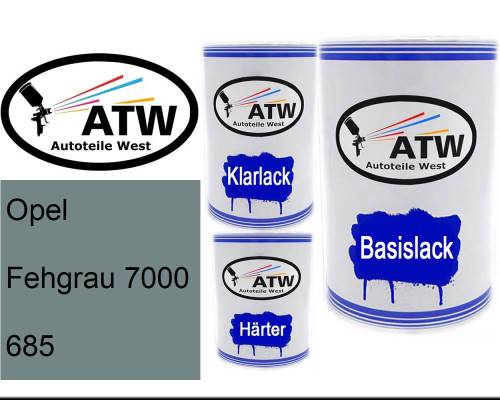 Opel, Fehgrau 7000, 685: 500ml Lackdose + 500ml Klarlack + 250ml Härter - Set, von ATW Autoteile West.